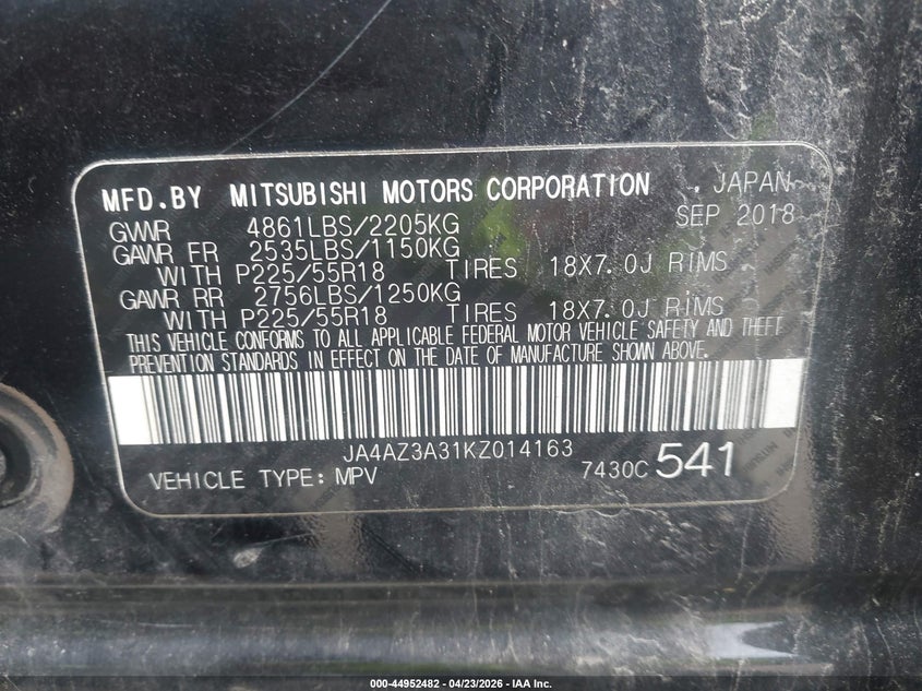 2019 Mitsubishi Outlander VIN JA4AZ3A31KZ014163 IAAI salvage auction — NORMAL WEAR, Clear (Missouri), sold $3,650 on 2026-07-15 (photo 9)