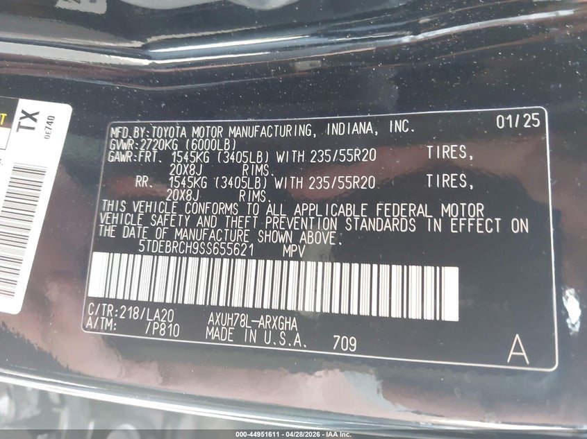 2025 Toyota Highlander VIN 5TDEBRCH9SS655621 IAAI salvage auction — LEFT FRONT, Salvage (Ohio), sold $20,775 on 2026-08-01 (photo 9)