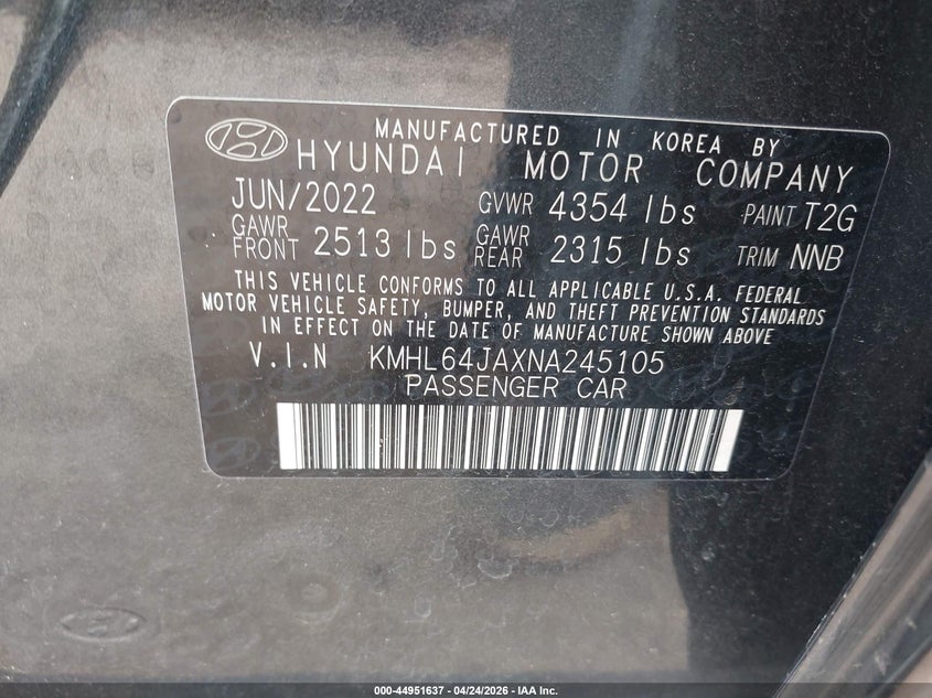 2022 Hyundai Sonata VIN KMHL64JAXNA245105 IAAI salvage auction — FRONT END, Salvage (Arkansas), sold $5,025 on 2026-07-09 (photo 9)