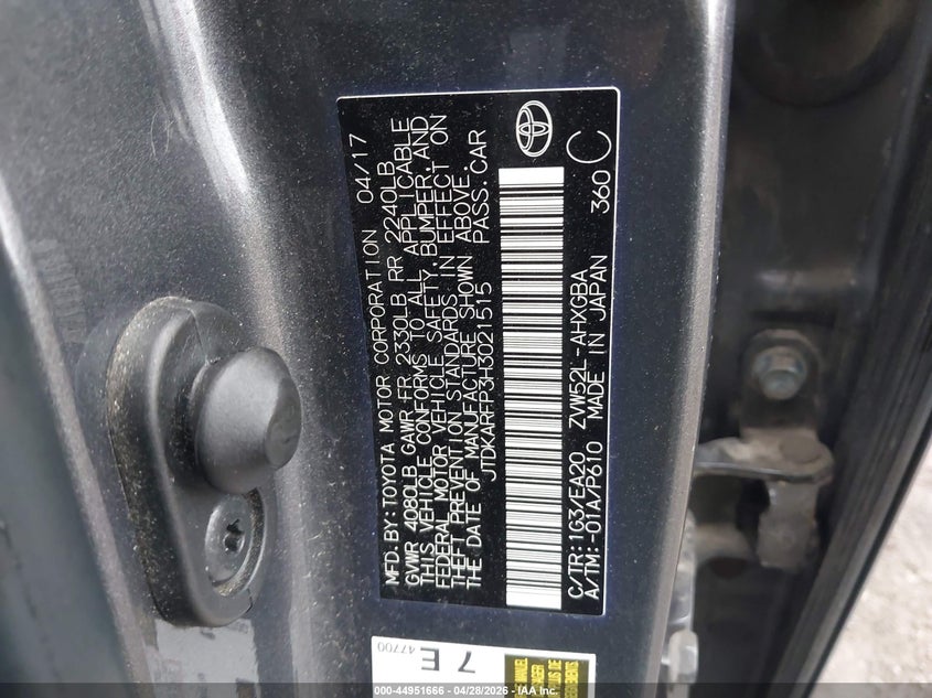 2017 Toyota Prius VIN JTDKARFP3H3021515 IAAI salvage auction — RIGHT FRONT, Salvage Title, sold $25 on 2026-07-22 (photo 9)