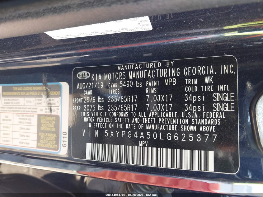 2020 Kia Sorento VIN 5XYPG4A50LG625377 IAAI salvage auction — LEFT SIDE, Original (Texas), sold $2,150 on 2026-07-09 (photo 9)
