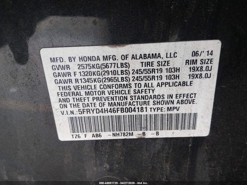 2015 Acura Mdx VIN 5FRYD4H46FB004181 IAAI salvage auction — LEFT SIDE, Salvage (Idaho), sold $2,150 on 2026-07-23 (photo 9)