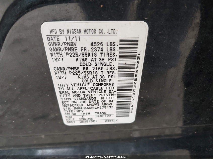 2012 Nissan Rogue VIN JN8AS5MV8CW375433 IAAI salvage auction — WATER/FLOOD, Salvage Title, sold $400 on 2026-07-07 (photo 9)