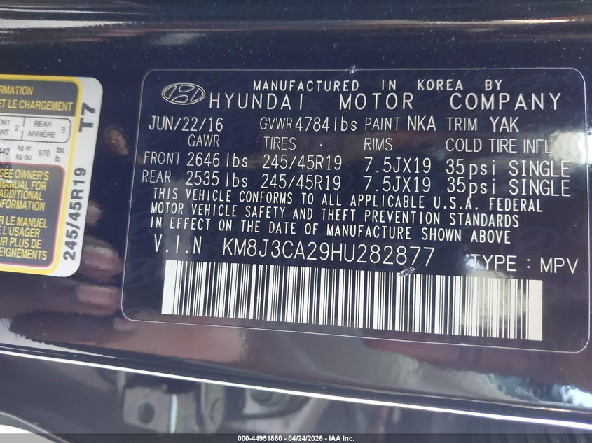 2017 Hyundai Tucson VIN KM8J3CA29HU282877 IAAI salvage auction — RIGHT FRONT, Salvage (Georgia), sold $3,250 on 2026-07-08 (photo 9)