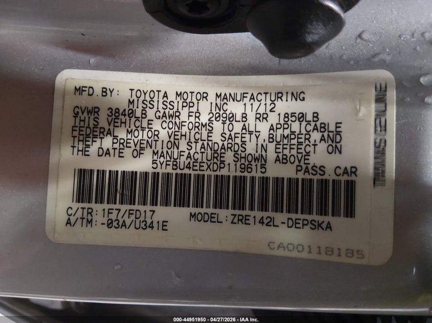2013 Toyota Corolla VIN 5YFBU4EEXDP119615 IAAI salvage auction — LEFT FRONT, Salvage Title, sold $2,000 on 2026-07-23 (photo 9)