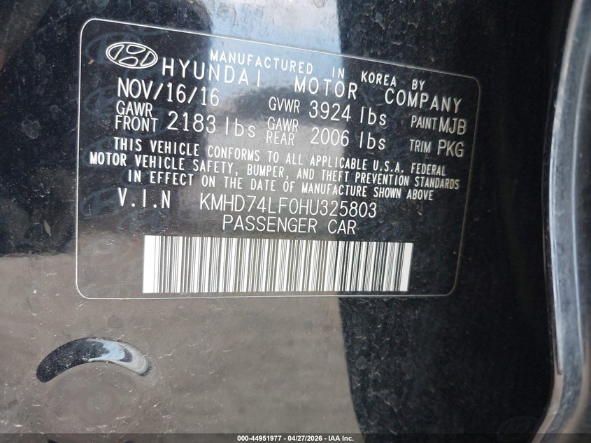 2017 Hyundai Elantra VIN KMHD74LF0HU325803 IAAI salvage auction — RIGHT SIDE, Wait Title, sold $425 on 2026-07-21 (photo 9)