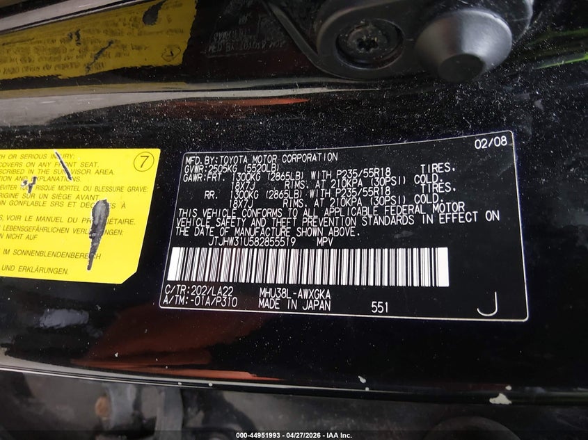 2008 Lexus Rx VIN JTJHW31U582855519 IAAI salvage auction — LEFT & RIGHT, Salvage (North Carolina), sold $950 on 2026-07-06 (photo 9)