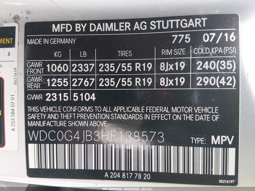 2017 Mercedes-benz Glc VIN WDC0G4JB3HF138573 IAAI salvage auction — FRONT END, Wait Title, sold $1,800 on 2026-07-24 (photo 9)