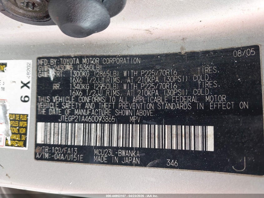 2006 Toyota Highlander VIN JTEGP21A460093865 IAAI salvage auction — NORMAL WEAR, Clear (Florida), sold $975 on 2026-07-13 (photo 9)