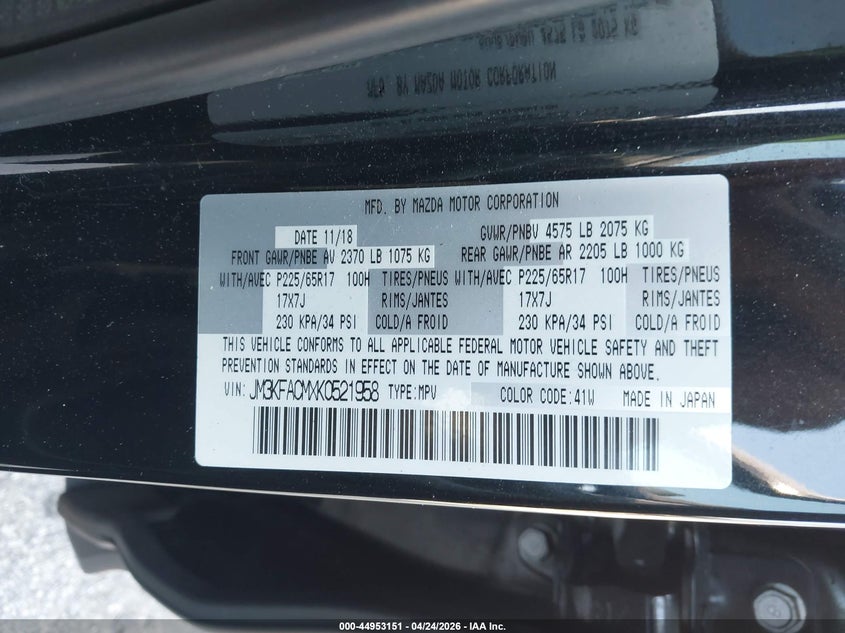 2019 Mazda Cx-5 VIN JM3KFACMXK0521958 IAAI salvage auction — FRONT END, Salvage Title, sold $3,000 on 2026-07-08 (photo 9)