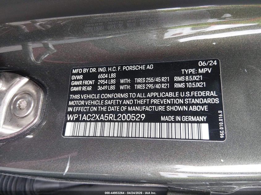 2024 Porsche Macan VIN WP1AC2XA5RL200529 IAAI salvage auction — SIDE, Certificate Of Destruction (Florida), sold $8,100 on 2026-07-23 (photo 9)