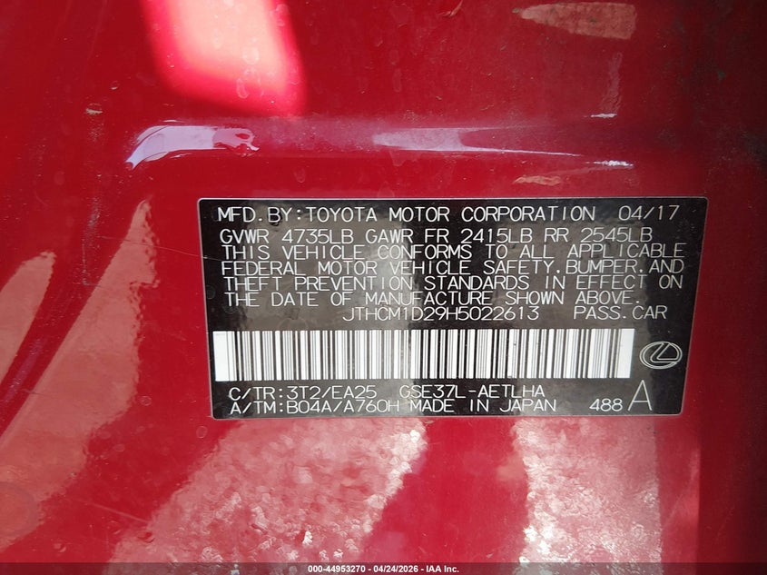 2017 Lexus Is VIN JTHCM1D29H5022613 IAAI salvage auction — SIDE, Salvage Title, sold $4,625 on 2026-07-29 (photo 9)