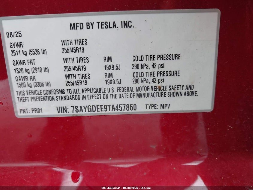 2026 Tesla Model y VIN 7SAYGDEE9TA457860 IAAI salvage auction — HAIL, Salvage (Ohio), sold $27,425 on 2026-07-07 (photo 9)