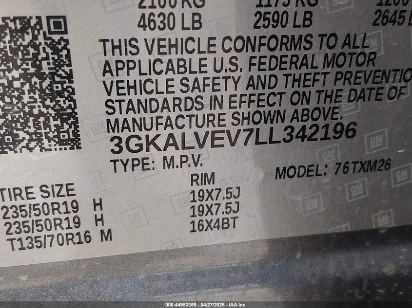 2020 Gmc Terrain VIN 3GKALVEV7LL342196 IAAI salvage auction — FRONT END, Wait Title, sold $8,575 on 2026-08-26 (photo 9)