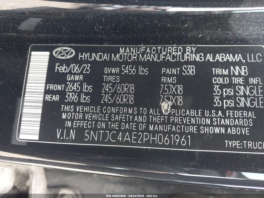 2023 Hyundai Santa cruz VIN 5NTJC4AE2PH061961 IAAI salvage auction — FRONT END, Salvage Title, sold $3,250 on 2026-07-08 (photo 9)