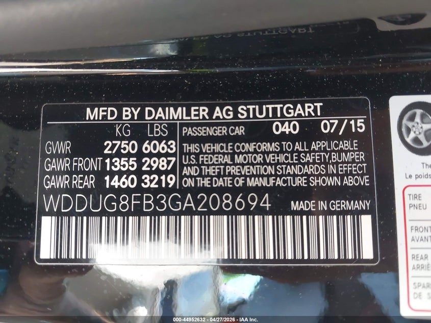 2016 Mercedes-benz S-klasse VIN WDDUG8FB3GA208694 IAAI salvage auction — FRONT END, Salvage Title, sold $4,050 on 2026-07-28 (photo 9)