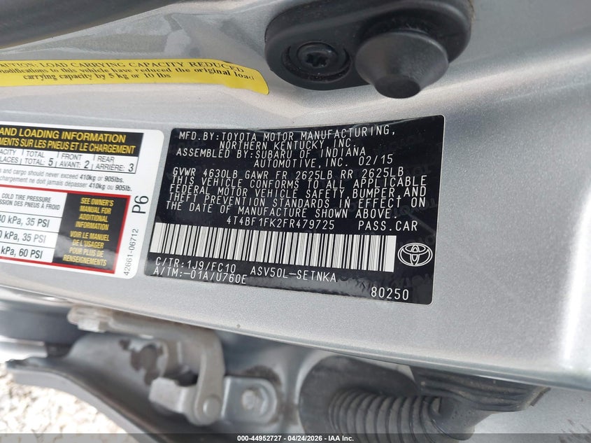 2015 Toyota Camry VIN 4T4BF1FK2FR479725 IAAI salvage auction — FRONT & REAR, Salvage Title, sold $2,100 on 2026-08-03 (photo 9)