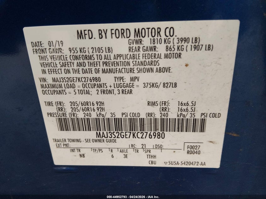 2019 Ford Ecosport VIN MAJ3S2GE7KC276980 IAAI salvage auction — REAR END, Salvage (Illinois), sold $1,400 on 2026-07-22 (photo 9)