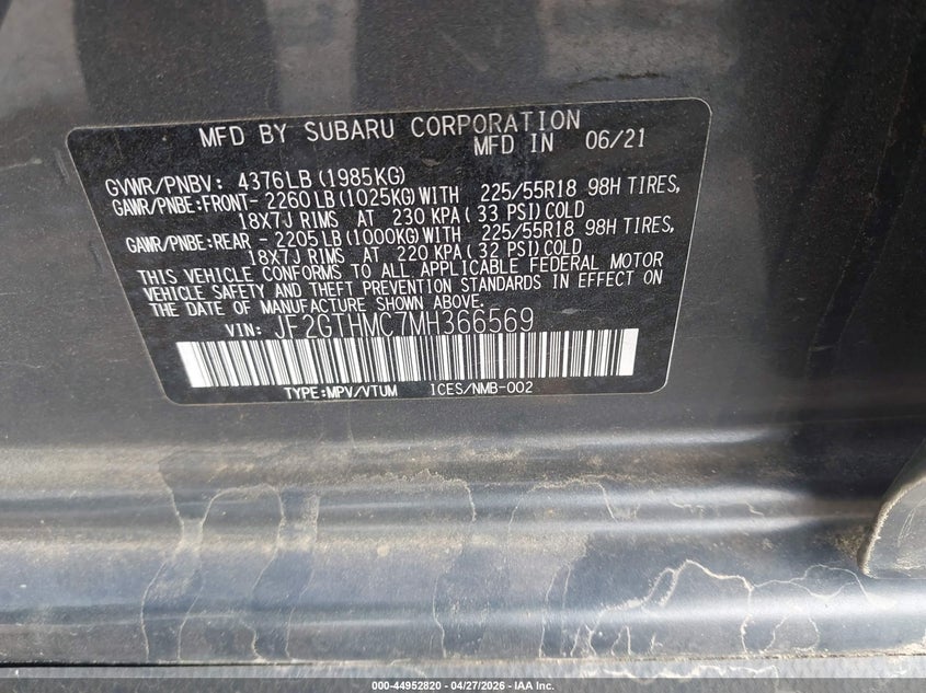 2021 Subaru Xv VIN JF2GTHMC7MH366569 IAAI salvage auction — FRONT & REAR, Salvage (North Carolina), sold $1,450 on 2026-07-13 (photo 9)