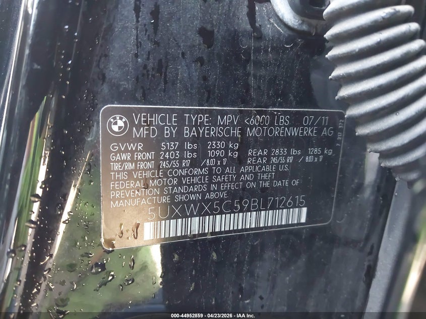 2011 BMW X3 VIN 5UXWX5C59BL712615 IAAI salvage auction — NORMAL WEAR, Clear - Dealer Only (California), sold $600 on 2026-07-29 (photo 9)