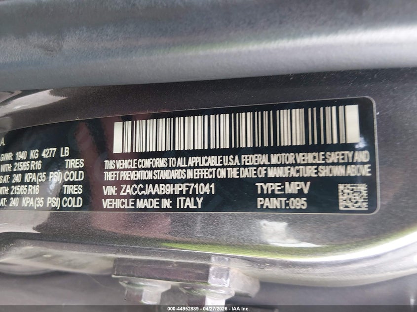 2017 Jeep Renegade VIN ZACCJAAB9HPF71041 IAAI salvage auction — SIDE, Salvage Title, sold $1,775 on 2026-07-16 (photo 9)