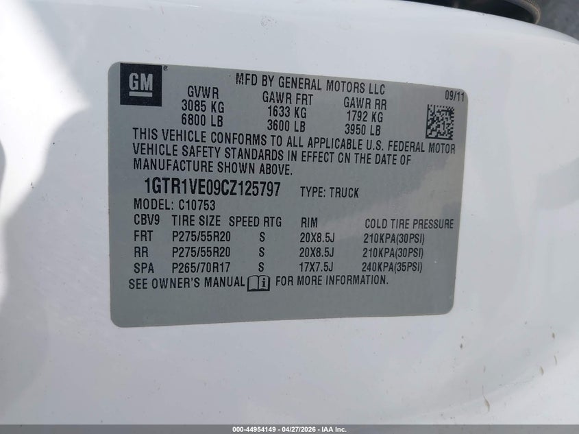 2012 Gmc SIERRA VIN 1GTR1VE09CZ125797 IAAI salvage auction — FRONT END, Original (Texas), sold $5,150 on 2026-07-09 (photo 9)