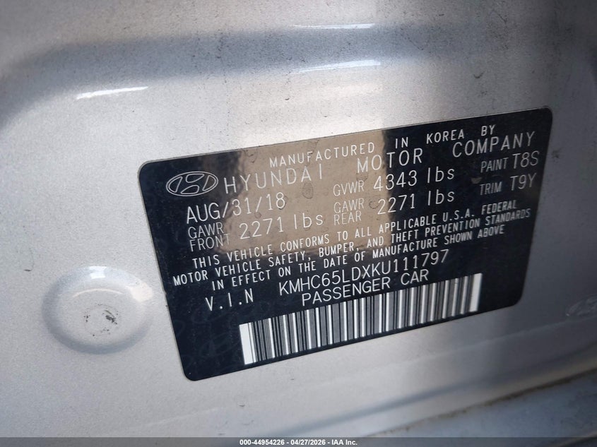 2019 Hyundai Ioniq VIN KMHC65LDXKU111797 IAAI salvage auction — RIGHT SIDE, Salvage Title, sold $1,350 on 2026-07-15 (photo 9)
