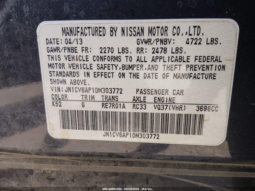 2013 Infiniti G VIN JN1CV6AP1DM303772 IAAI salvage auction — FRONT & REAR, Salvage (North Carolina), sold $300 on 2026-07-06 (photo 9)