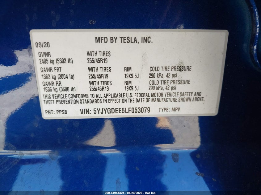 2020 Tesla Model y VIN 5YJYGDEE5LF053079 IAAI salvage auction — SIDE, Wait Title, sold $7,250 on 2026-07-16 (photo 9)