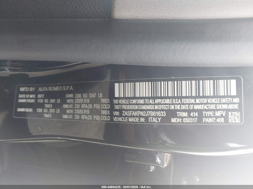 2018 Alfa romeo Stelvio VIN ZASFAKPN2J7B61633 IAAI salvage auction — FRONT END, Wait Title, sold $6,400 on 2026-07-26 (photo 9)