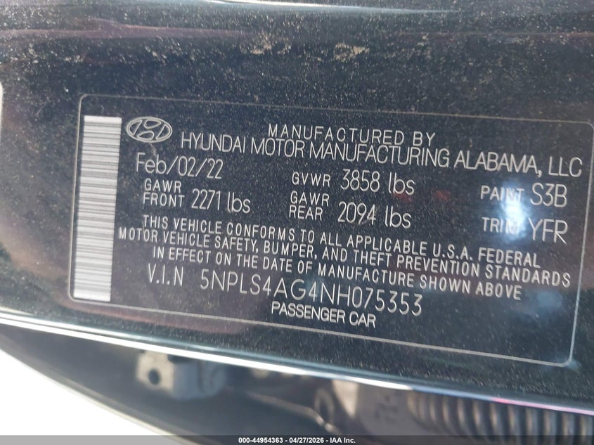 2022 Hyundai Elantra VIN 5NPLS4AG4NH075353 IAAI salvage auction — FRONT END, Salvage - Greater Than 75% (Maryland), sold $2,150 on 2026-07-06 (photo 9)