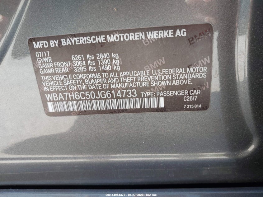 2018 BMW 7er VIN WBA7H6C50JG614733 IAAI salvage auction — FRONT END, Salvage (North Carolina), sold $9,650 on 2026-08-13 (photo 9)