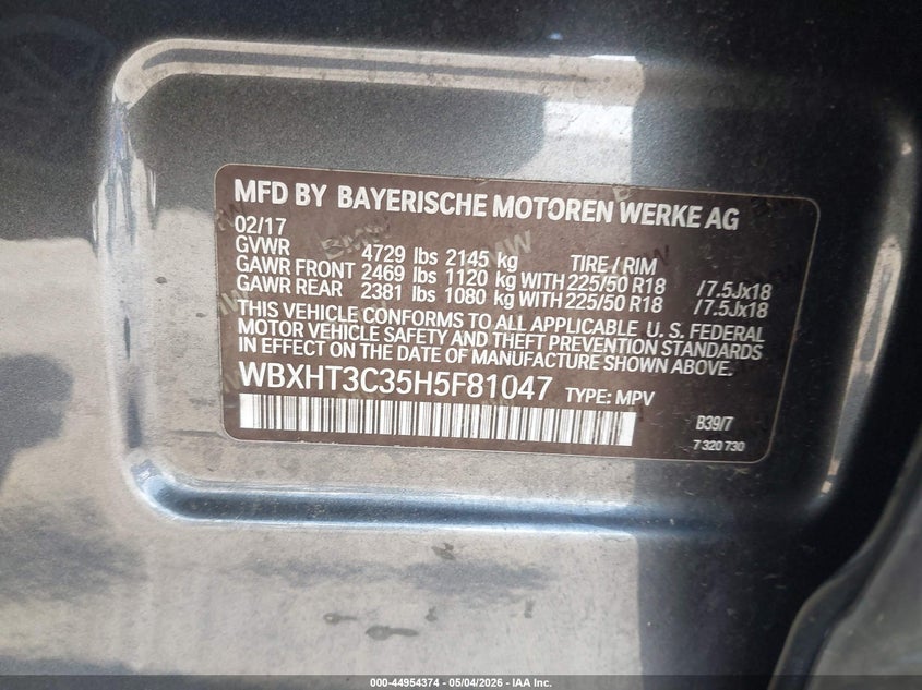 2017 BMW X1 VIN WBXHT3C35H5F81047 IAAI salvage auction — RIGHT FRONT, Salvage (Massachusetts), sold $1,750 on 2026-07-31 (photo 9)