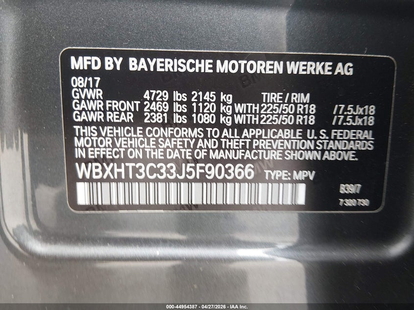 2018 BMW X1 VIN WBXHT3C33J5F90366 IAAI salvage auction — FRONT END, Salvage (Illinois), sold $1,050 on 2026-07-14 (photo 9)