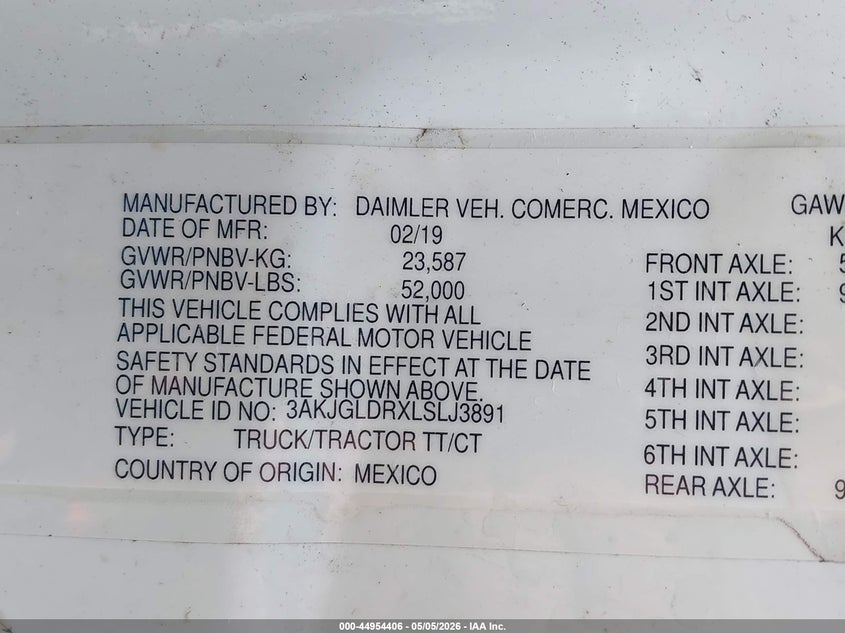 2020 Freightliner Cascadia 125 VIN 3AKJGLDRXLSLJ3891 IAAI salvage auction — REPOSSESSION, Clear (Florida), sold $1,550 on 2026-07-22 (photo 8)