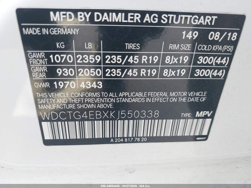 2019 Mercedes-benz Gla-klasse VIN WDCTG4EBXKJ550338 IAAI salvage auction — FRONT END, Salvage Title, sold $975 on 2026-07-29 (photo 9)