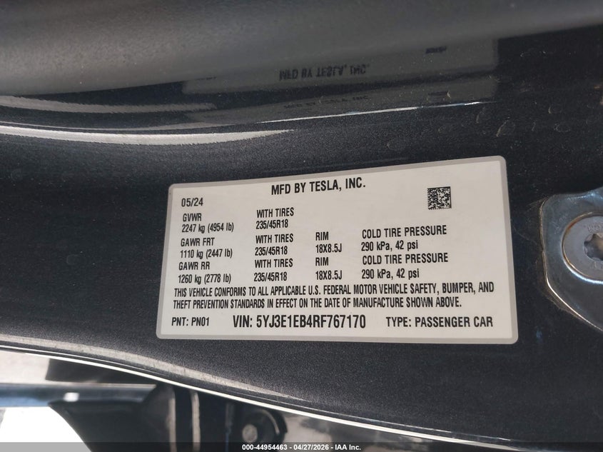 2024 Tesla Model 3 VIN 5YJ3E1EB4RF767170 IAAI salvage auction — RIGHT FRONT, Salvage Title, sold $13,300 on 2026-07-12 (photo 9)