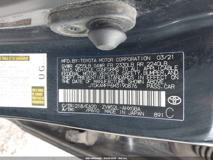 2021 Toyota Prius VIN JTDKAMFP6M3190876 IAAI salvage auction — FRONT END, Salvage Title, sold $3,175 on 2026-07-29 (photo 9)