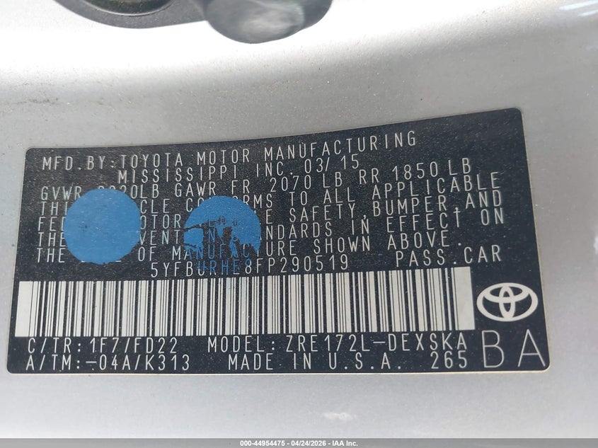 2015 Toyota Corolla VIN 5YFBURHE8FP290519 IAAI salvage auction — LEFT FRONT, Salvage (California), sold $3,650 on 2026-07-08 (photo 9)