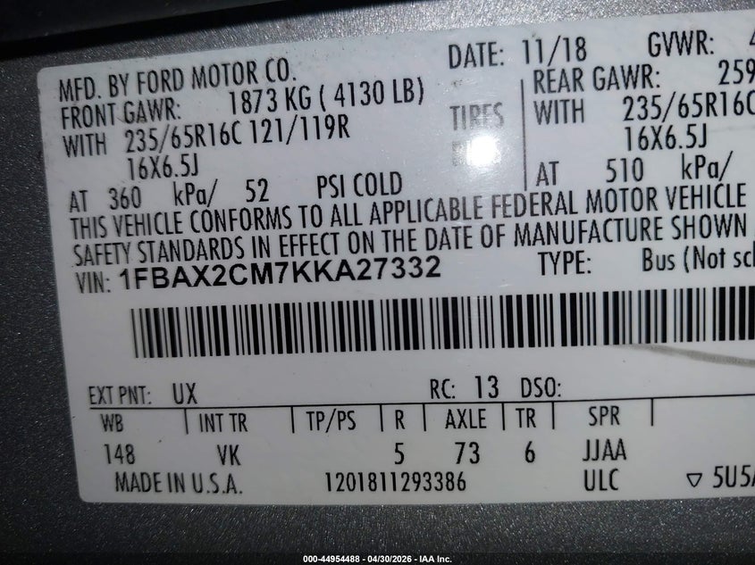 2019 Ford Transit VIN 1FBAX2CM7KKA27332 IAAI salvage auction — SIDE, Mv-907A (New York), sold $7,100 on 2026-09-07 (photo 9)