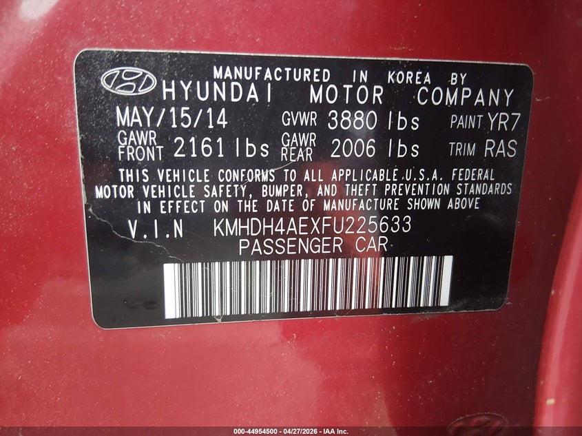2015 Hyundai Elantra VIN KMHDH4AEXFU225633 IAAI salvage auction — RIGHT REAR, Wait Title, sold $600 on 2026-07-07 (photo 9)