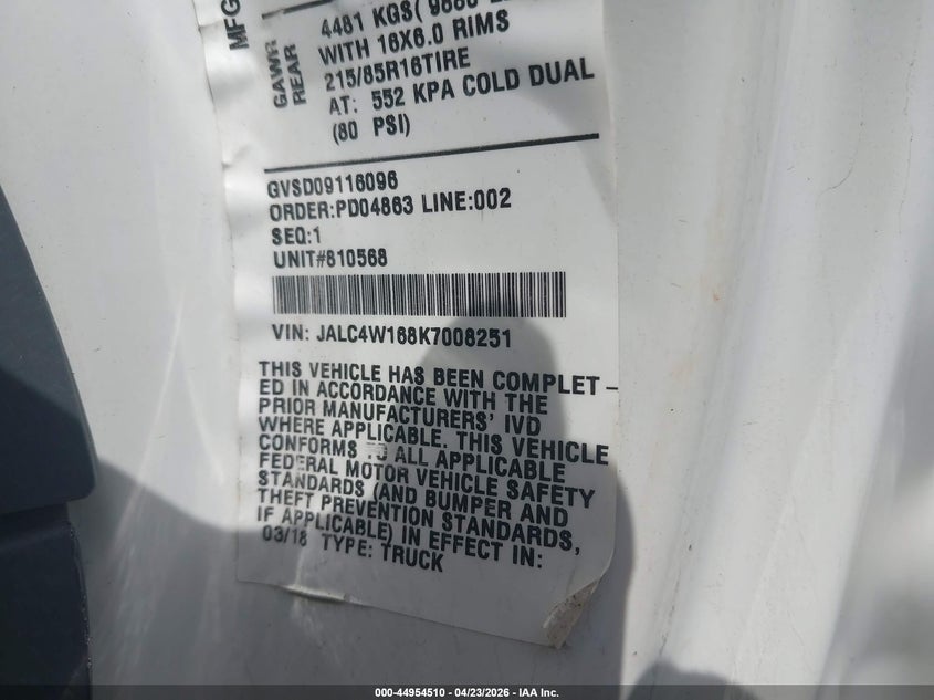 2019 Isuzu Npr VIN JALC4W168K7008251 IAAI salvage auction — UNKNOWN, Salvage (Idaho), sold $125 on 2026-07-30 (photo 8)