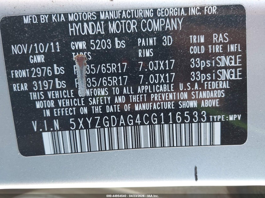2012 Hyundai Santa fe VIN 5XYZGDAG4CG116533 IAAI salvage auction — NORMAL WEAR, Wait Title, sold $1,150 on 2026-07-13 (photo 9)