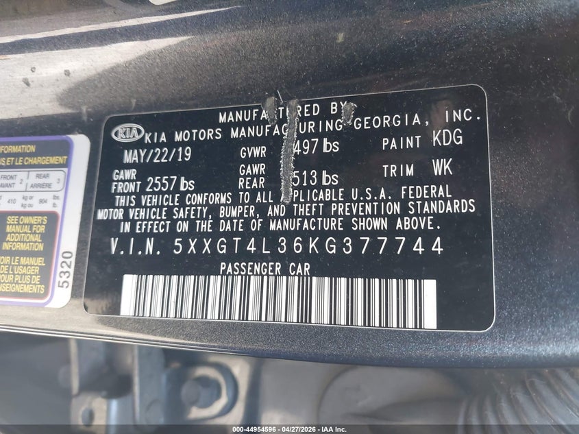 2019 Kia Optima VIN 5XXGT4L36KG377744 IAAI salvage auction — FRONT END, Salvage - Greater Than 75% (Maryland), sold $900 on 2026-07-30 (photo 9)