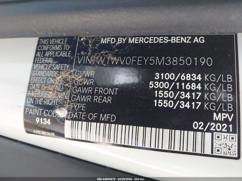 2021 Mercedes-benz Metris VIN W1WV0FEY5M3850190 IAAI salvage auction — THEFT, Mv-907A (New York), sold $45,800 on 2026-07-06 (photo 9)
