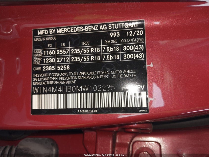 2021 Mercedes-benz Glb VIN W1N4M4HB0MW102235 IAAI salvage auction — FRONT & REAR, Wait Title, sold $5,300 on 2026-07-14 (photo 9)
