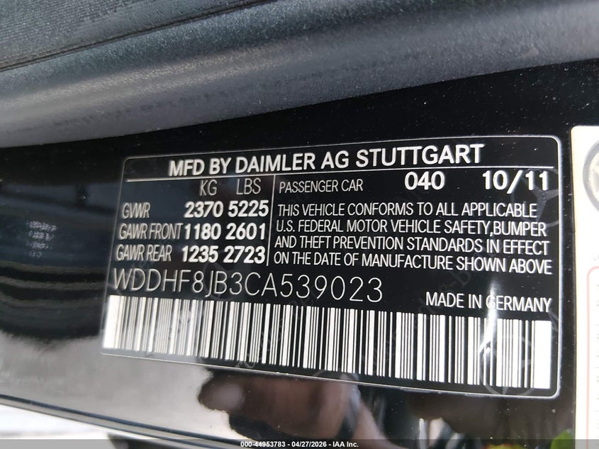 2012 Mercedes-benz E-klasse VIN WDDHF8JB3CA539023 IAAI salvage auction — NORMAL WEAR, Original (Texas), sold $550 on 2026-07-20 (photo 9)