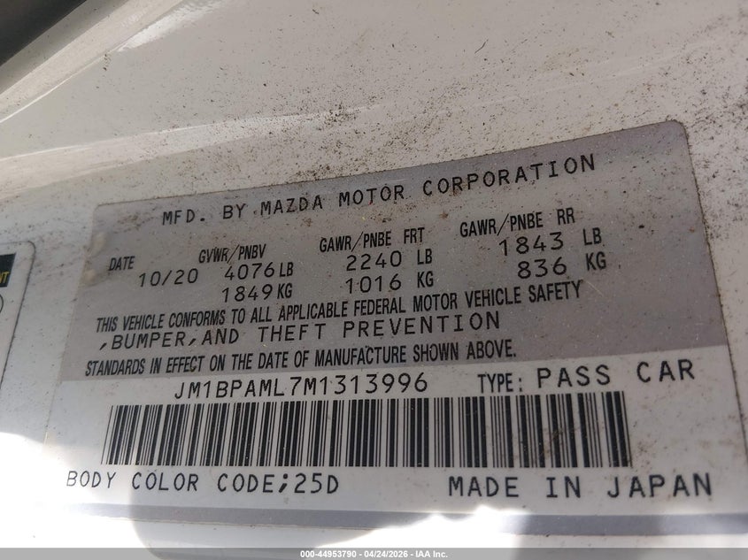2021 Mazda 3 VIN JM1BPAML7M1313996 IAAI salvage auction — FRONT END, Wait Title, sold $625 on 2026-07-31 (photo 9)