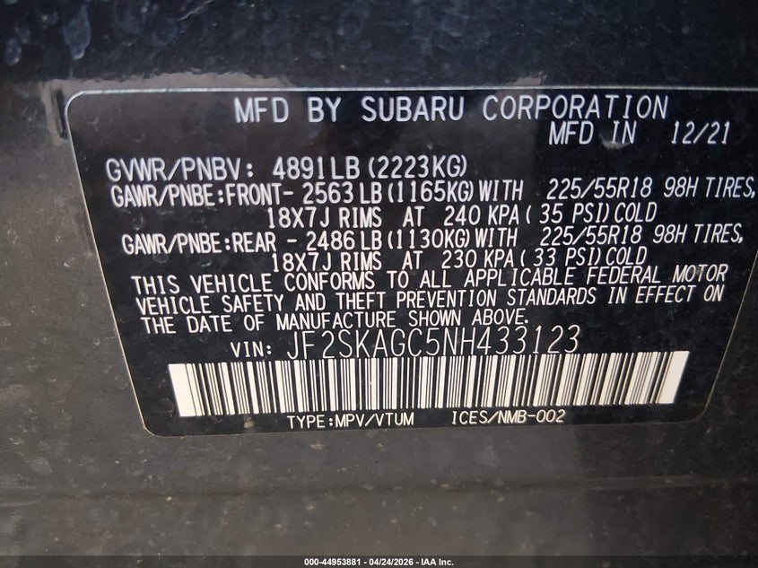 2022 Subaru Forester VIN JF2SKAGC5NH433123 IAAI salvage auction — FRONT END, Salvage Title, sold $25 on 2026-07-21 (photo 9)