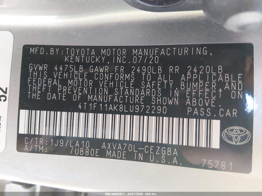 2020 Toyota Camry VIN 4T1F11AK8LU972290 IAAI salvage auction — SIDE, Salvage (Vermont), sold $7,000 on 2026-08-01 (photo 9)